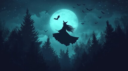 Enchanted Moonlit Forest with Silhouetted Witch Flying on Broomstick