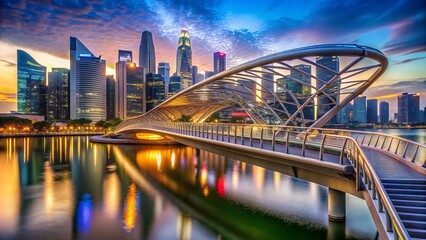 Fototapeta premium Modern curved pedestrian bridge with striking helical design illuminated at dusk, spanning Marina Bay waterfront in vibrant, cosmopolitan Singapore cityscape.