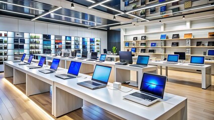 Modern electronics store with rows of laptops, desktops, and smartphones on display, surrounded by shelves stacked with computer accessories and peripherals.