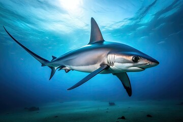 Obraz premium A sleek, gray thresher shark swims through the ocean's surface, its long, curved tail and piercing gaze capturing the breathtaking beauty of marine life.