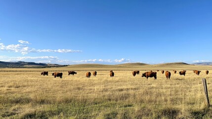 Obraz premium Brown Cows Grazing in a Vast, Sunny Field
