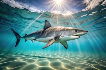 Fototapeta premium A sleek porbeagle shark swims through the ocean's crystal-clear waters, its grey and white body glistening in the sunlight, showcasing its powerful fins and sharp teeth.