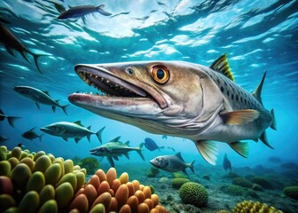 Fototapeta premium A sleek, silver barracuda with sharp teeth and menacing gaze swims through coral reef waters, its body undulating with powerful strokes amidst schools of small fish.