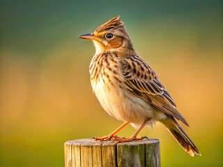 Fototapeta premium A small, brown-speckled Eurasian Skylark perches on a rustic wooden fence post, gazing upwards with bright, inquisitive eyes in a sun-kissed rural landscape.