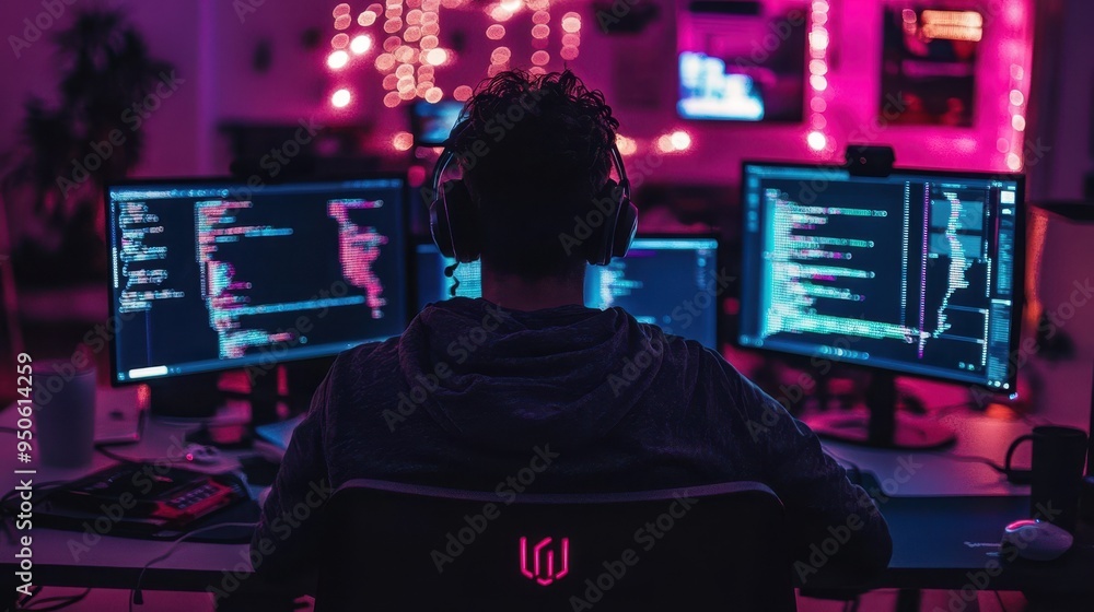 Poster hacker at work in a cyberpunk atmosphere