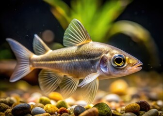 Fototapeta premium A small, slender fish with bulging eyes and pectoral fins used for walking on muddy surfaces, stands still in a murky aquatic environment.