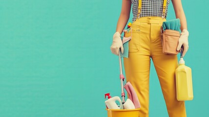 Cleaning lady in uniform holding a mop and bucket, standing on a solid color background. Various cleaning supplies like spray bottles and cloths are clipped to her utility belt, ready for work.