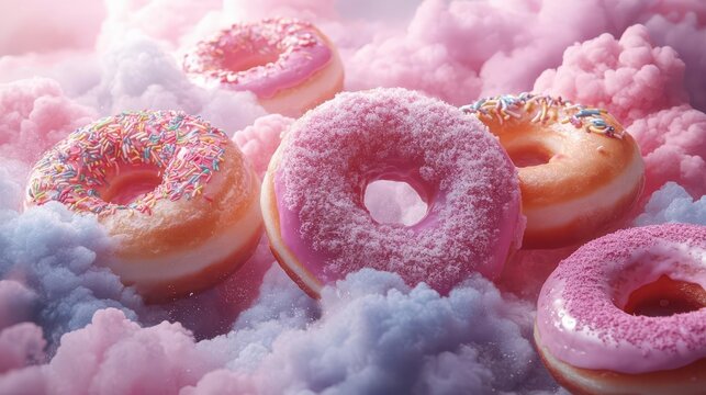 whimsical scene of colorful donuts floating in sky various flavors and toppings pastel clouds playful and surreal atmosphere
