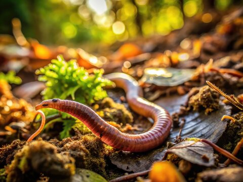 A small, segmented earthworm emerges from damp soil, its slimy body glistening in the sunlight, surrounded by decaying leaves and mossy forest floor debris.