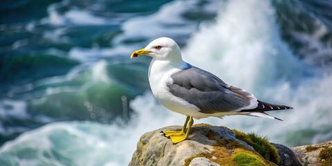 Fototapeta premium A small to medium-sized seabird with distinctive black legs and a white head, the Kittiwake gull perches on a rocky cliff overlooking a turbulent sea.