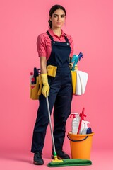 Cleaning lady in uniform holding a mop and bucket, standing on a solid color background. Various cleaning supplies like spray bottles and cloths are clipped to her utility belt, ready for work.