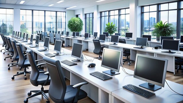 Modern office with rows of computers and headsets, a bustling contact centre ready to handle customer inquiries and provide top-notch support services efficiently.