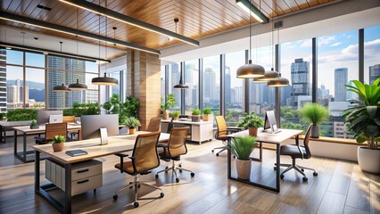 Modern open-concept office with natural light, sleek desks, and ergonomic chairs, featuring a vibrant atmosphere and minimalist decor in a bustling Asian city.