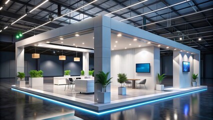 Modern, sleek exhibition booth with bold graphics, LED lighting, and a minimalist aesthetic, featuring a prominent product display and spacious meeting area.