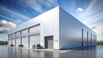 Modern sleek white warehouse building with clean lines and minimalist design, rendered in 3D, providing a blank canvas for e-commerce and logistics scenes.