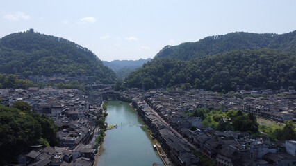 aerila view of the river village of fenghuang in china