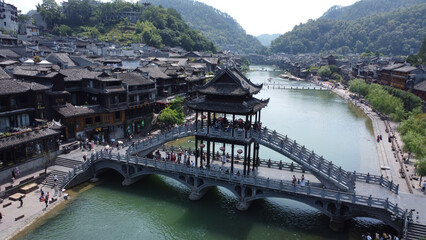 aerila view of the river village of fenghuang in china