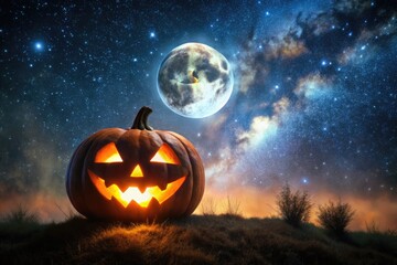 A spooky pumpkin face silhouette stands out against a dark, starry night sky, illuminated by a full moon, evoking eerie Halloween atmosphere.
