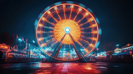  A vibrant Ferris wheel illuminated at night in a colorful amusement park, capturing the fun and excitement of a carnival.