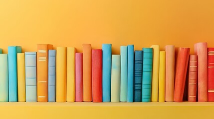 Obraz premium A colorful row of books arranged on a shelf against a vibrant yellow background, perfect for adding a pop of color and creativity to any design.