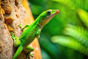 Fototapeta premium A tiny, vibrant green gecko perches on a weathered stone wall, its delicate feet grasping the rough surface as it surveys its tropical surroundings intently.