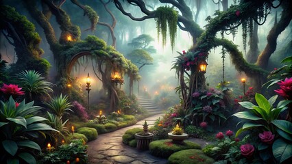 Moody, mysterious nighttime scene featuring a lush, overgrown botanical garden with twisted vines, exotic flowers, and ancient trees shrouded in misty, eerie darkness.