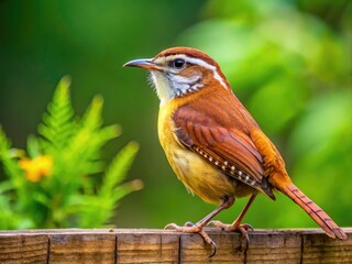 A vibrant Carolina wren perches on a rustic wooden fence, its bright brown plumage and distinctive white stripe contrasting against a lush green forest background.