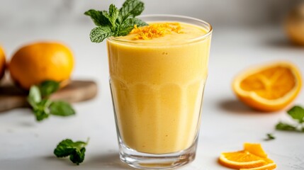 Fototapeta premium A refreshing orange juice smoothie in a clear glass, set on a white background, with a hint of orange zest and mint leaves for decoration.