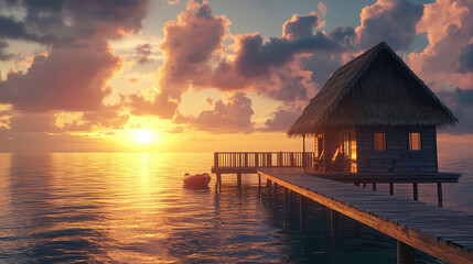 Obraz premium A serene scene featuring an overwater bungalow connected by a wooden pier, with a small boat floating nearby as the sun sets, casting golden reflections over the ocean.