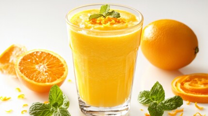 A refreshing orange juice smoothie in a clear glass, set on a white background, with a hint of orange zest and mint leaves for decoration.