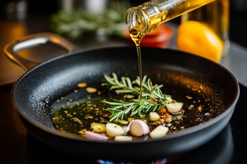 Olive oil poured into a skillet with fresh rosemary and garlic in a cozy kitchen setting during evening preparations