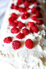 Delightful dessert topped with fresh raspberries on a creamy layer