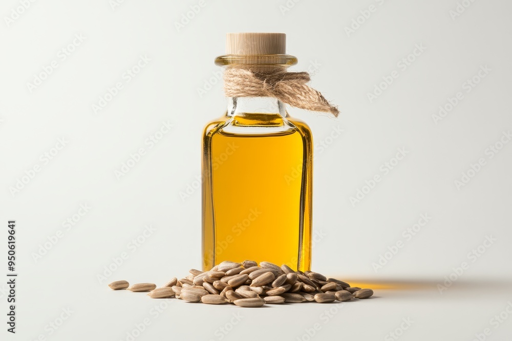 Wall mural Sunflower oil bottle beside scattered sunflower seeds on a plain background, showcasing natural ingredients and healthy cooking options