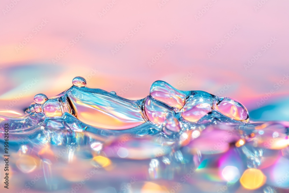 Poster vibrant bubbles reflecting light on a textured surface in a serene, abstract setting during soft day
