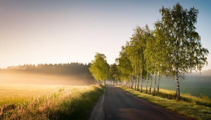 birch trees along rural road in morning light and mist