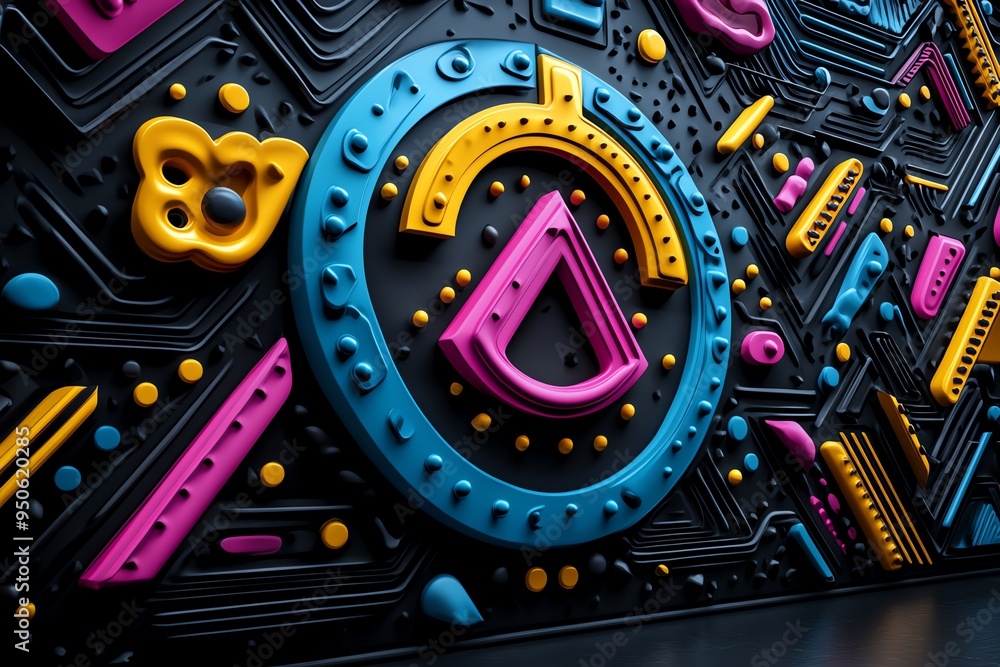 Poster 80s style pop art design with neon colors and bold shapes, captured in a photo where a pop art desig
