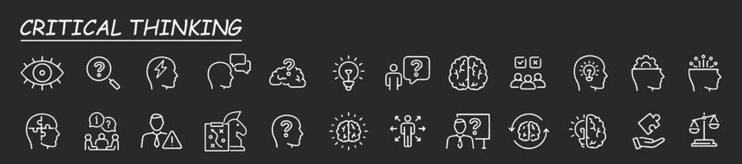 Critical thinking icon set. Containing think, problem-solving, analysis, reasoning, evaluation, experience, research, logic and listening icons. Line icon collection.