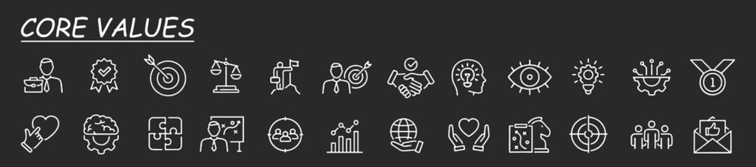 Integrity, Target purpose and Strategy. Core values line icons. Trust handshake, social responsibility, commitment goal icons. Growth chart, innovation, core values network. Vector