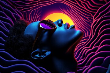 80s style pop music album cover with vibrant, abstract designs, illustrated in a scene where an album cover features vibrant, abstract designs in neon colors, with a bold title in retro fonts