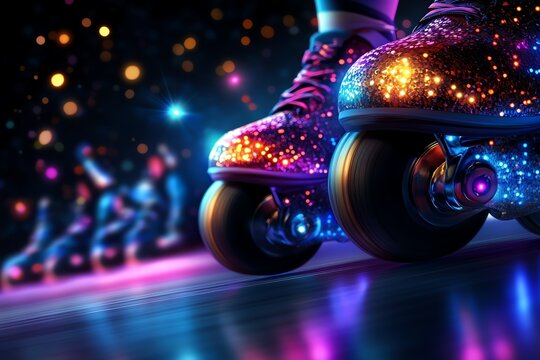 80s style roller rink party with disco balls and colorful lights, illustrated in a scene where people skate around a roller rink, with disco balls reflecting colorful lights, and everyone dressed