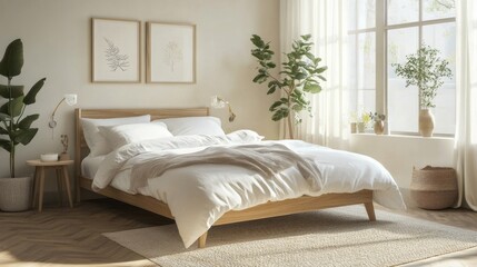 A Scandinavian-inspired bedroom with a simple wooden bed frame, white bedding, and a cozy rug, creating a bright and airy space.
