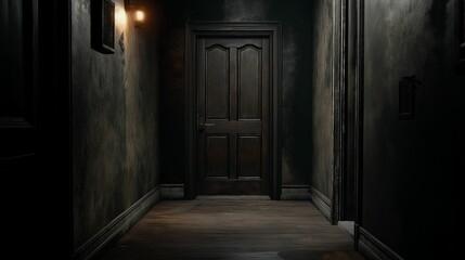 Obraz premium A dark, eerie hallway leading to a closed wooden door under a single dim light, evoking a sense of mystery and suspense..
