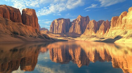 Stunning desert mountains are perfectly reflected in the still waters of a serene oasis.