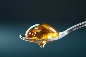 A close-up of a glossy golden honey droplet on a silver spoon against a dark background showcasing its rich texture and color