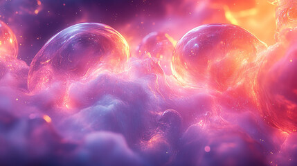 Abstract glowing orbs and smoke in a colorful and vibrant background.