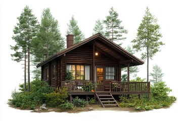 Cozy cabin in the woods, seasonal element, detailed drawing, warm colors, isolated on white background