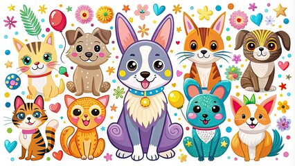 Naklejka premium Colorful vector illustration of cute animals, including a cat, dog, and rabbit, decorated with fun stickers and colorful shapes, on a white background.