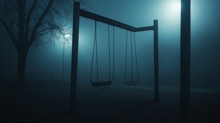 A haunting image of empty swings swaying in a foggy, dimly lit park at night, evoking a sense of loneliness and mystery.