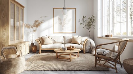 A Scandinavian-style living room with light wood furniture, a cozy rug, and natural light flooding in, creating a bright and airy feel.
