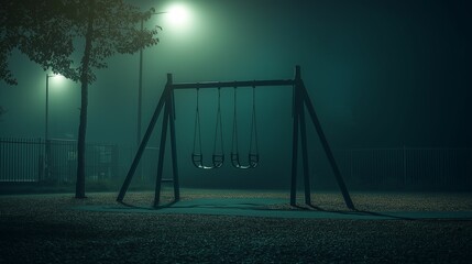 A haunting image of empty swings swaying in a foggy, dimly lit park at night, evoking a sense of loneliness and mystery.